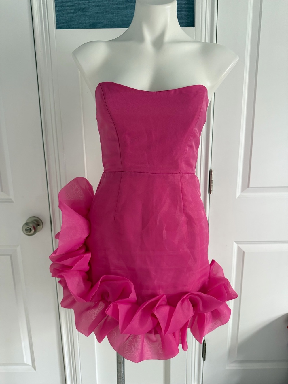 Strapless Hot Pink Ruffle-Hem Cocktail Dress